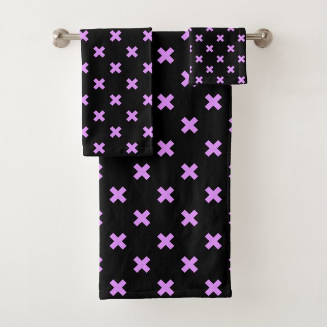 Lilac cross stitches on black bath towel set (Insitu)