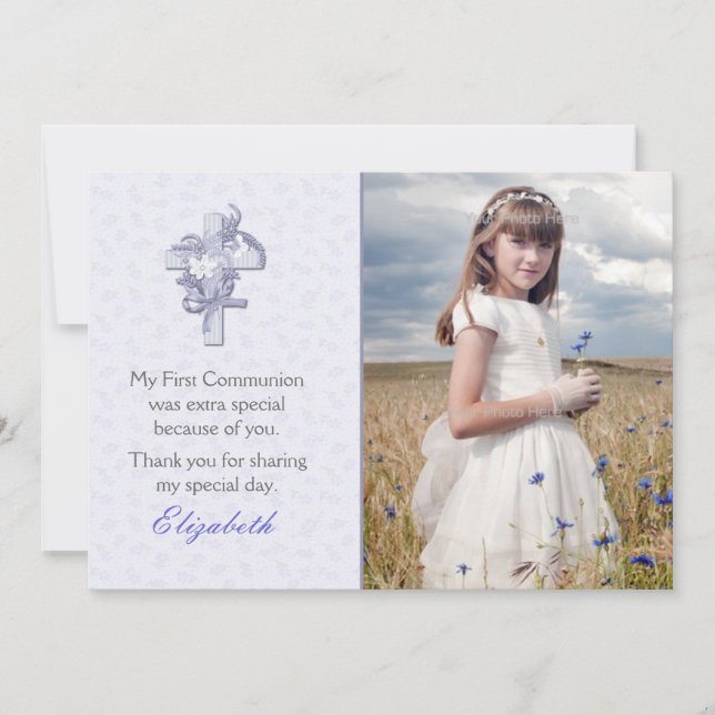 Lilac Cross with Flowers Religious Photo Thank You Card (Front)