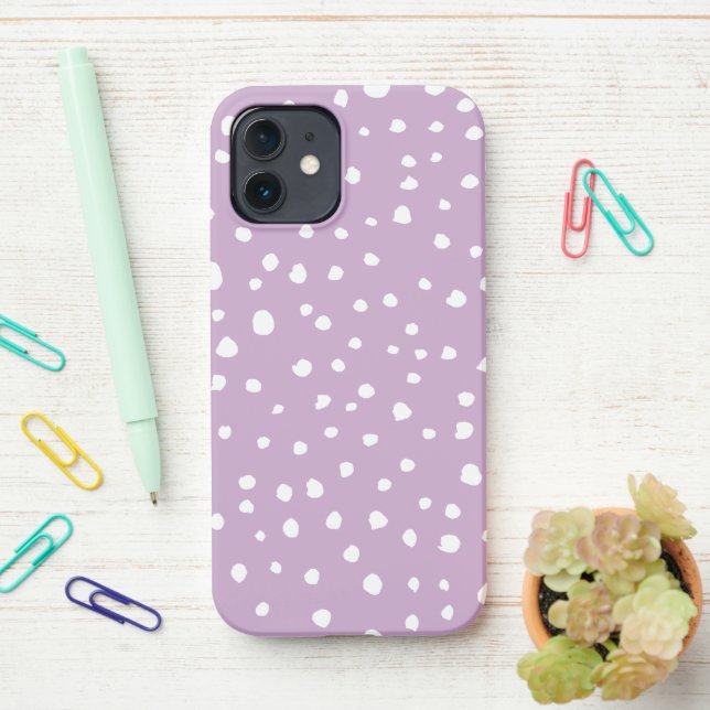 Lilac Dalmatian Spots, Dalmatian Dots, Dotted iPhone Case (On Desk)