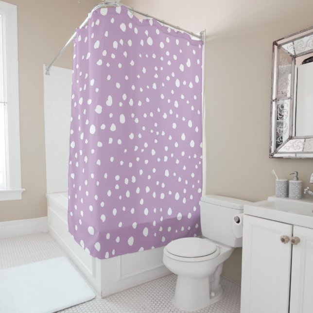 Lilac Dalmatian Spots, Dalmatian Dots, Dotted Shower Curtain (In Situ)