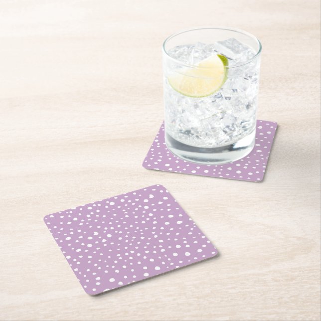 Lilac Dalmatian Spots, Dalmatian Dots, Dotted Square Paper Coaster (Insitu)