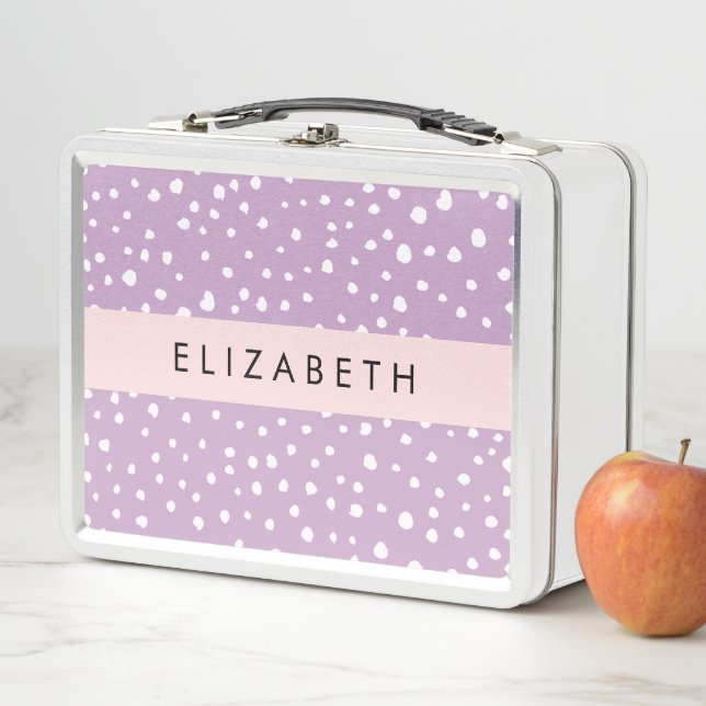 Lilac Dalmatian Spots, Dalmatian Dots, Your Name Metal Lunch Box (In Situ)