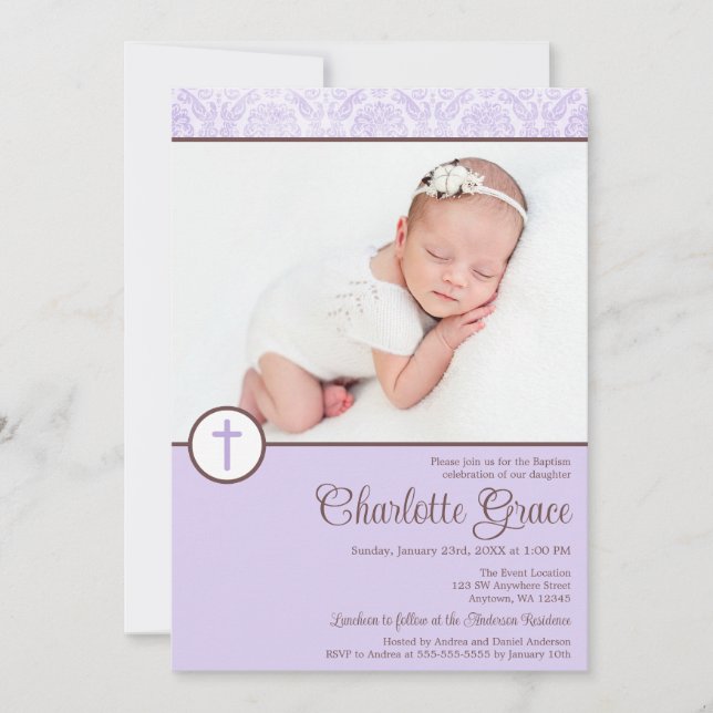 Lilac Damask Cross Girl Photo Baptism Christening Invitation (Front)