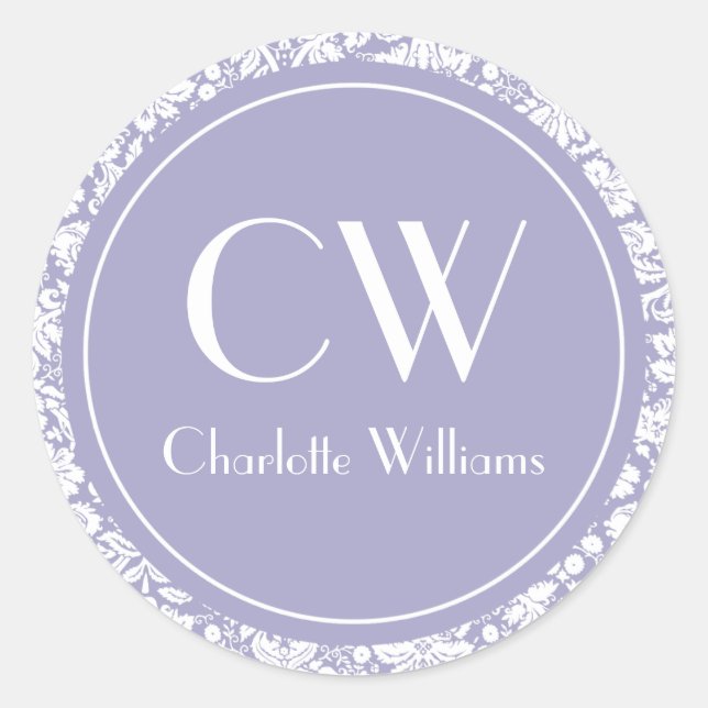 Lilac Damask Monogram Classic Round Sticker (Front)