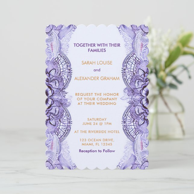 Lilac Delicate Lace Design Wedding Invitation (Standing Front)