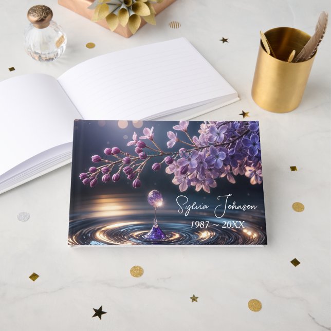 Lilac Dewdrop For Memorial Service Guest Book (Front Open)