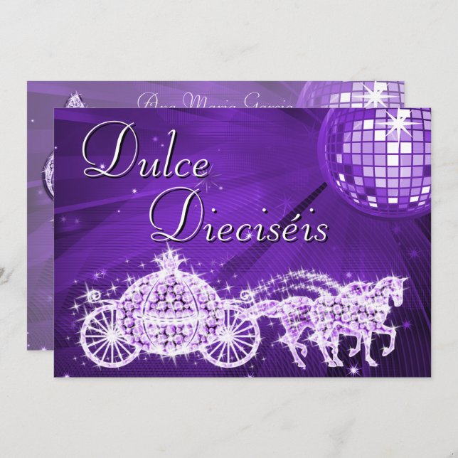 Lilac Disco Ball, Princess Coach & Horses Sweet 16 Invitation (Front/Back)