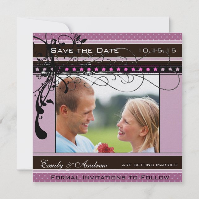 Lilac Dots and Swirls Wedding Photo Save the Date (Front)