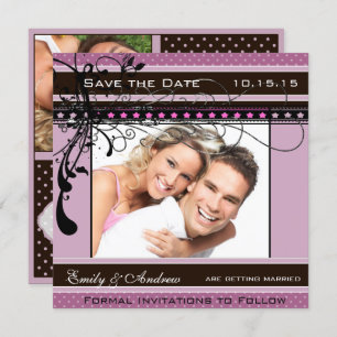 Lilac Dots and Swirls Wedding Photo Save the Date Invitation