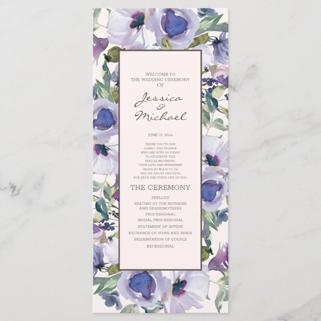 Lilac Dusty Blue Boho Floral Wedding Program Programme (Front)