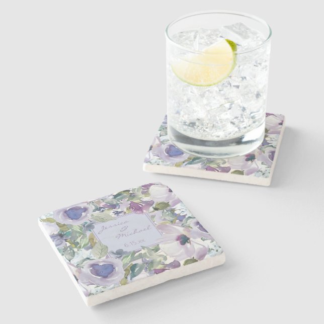 Lilac Dusty Blue Floral Couple's Names Wedding Stone Coaster (Side)
