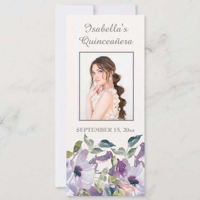 Lilac Dusty Blue Floral Quinceañera Bookmark Invitation (Front)