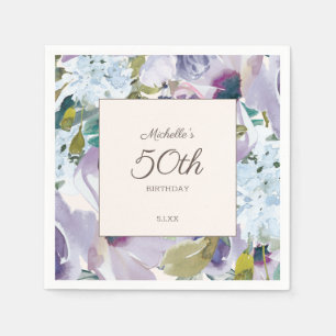Lilac Dusty Blue Watercolor Floral 50th Birthday Napkin