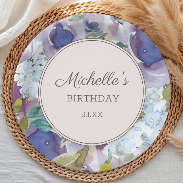 Lilac Dusty Blue Watercolor Floral Birthday Paper Plate (Elegant purple watercolor floral women's birthday party paper plates personalized with your own text)