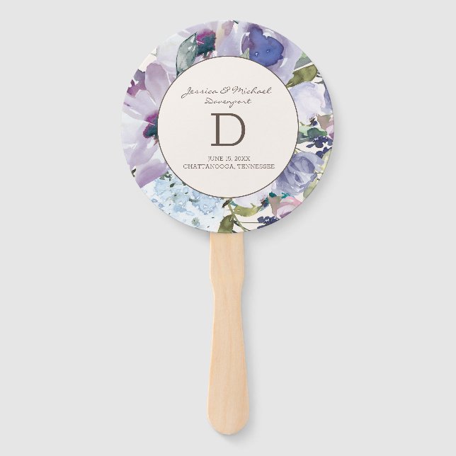 Lilac Dusty Blue Watercolor Floral Wedding Hand Fan (Front)