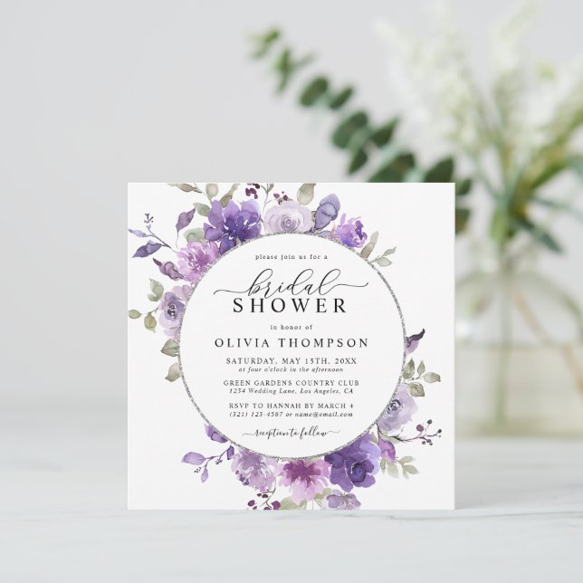 Lilac DustyPurple Floral Silver Foil Bridal Shower Invitation (Standing Front)