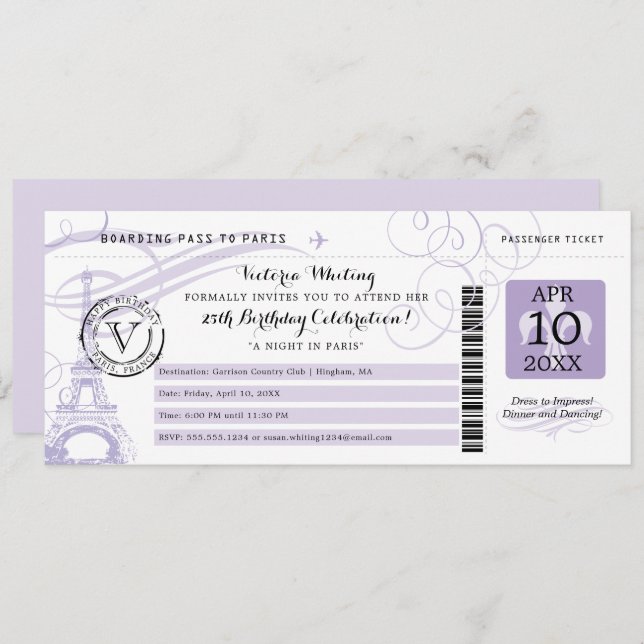 Lilac Eiffel Tower Night in Paris Birthday Party Invitation (Front/Back)