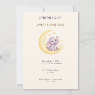 Lilac Elephant Moon Birthday Invitation
