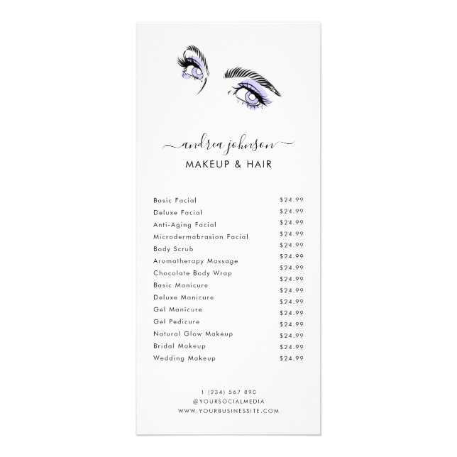 Lilac Eyes Beauty Makeup Lashes Service Price List Rack Card (Front)