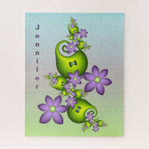 Lilac Fantasy Flowers Green Shapes Fractal Name Jigsaw Puzzle