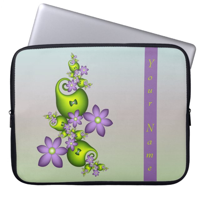 Lilac Fantasy Flowers Green Shapes Fractal Name Laptop Sleeve (Front)