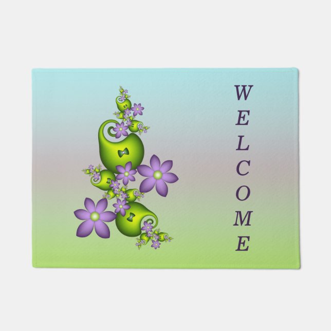 Lilac Fantasy Flowers Green Shapes Fractal Welcome Doormat (Front)
