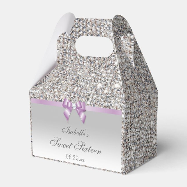 Lilac Faux Bow Silver Sequins Sweet 16 Favour Box (Front Side)