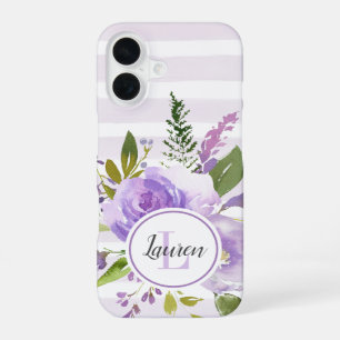 Lilac Floral and Stripes Monogram iPhone 16 Case