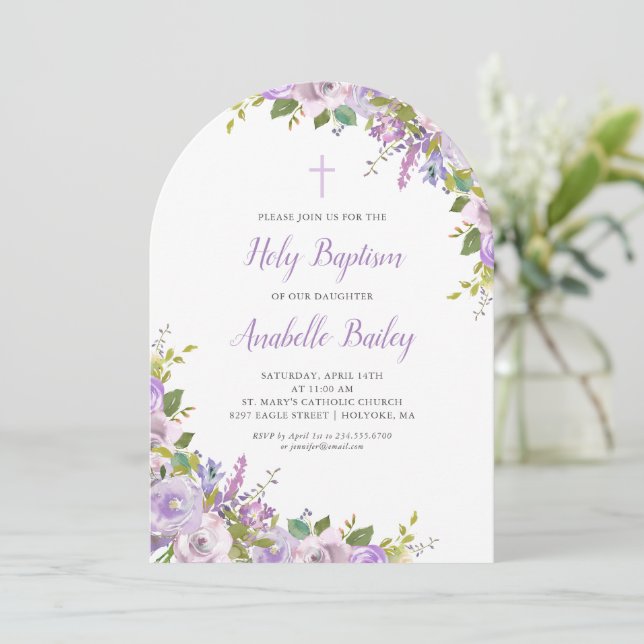 Lilac Floral Baby Girl Baptism Invitation (Standing Front)