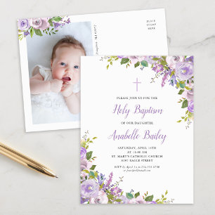 Lilac Floral Baby Girl Baptism Invitation Postcard