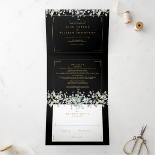 Lilac Floral Black And Gold Monogram Photo Wedding Tri-Fold Invitation