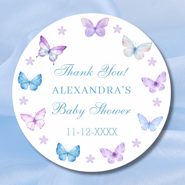 Lilac Floral Blue Butterfly Baby Shower Thank You Classic Round Sticker (Creator Uploaded)