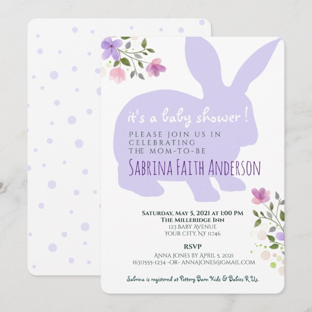 Lilac Floral Bunny Baby Shower Invitation (Front/Back)