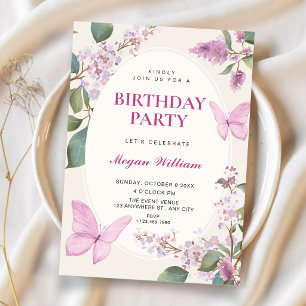 Lilac floral butterfly birthday invitation