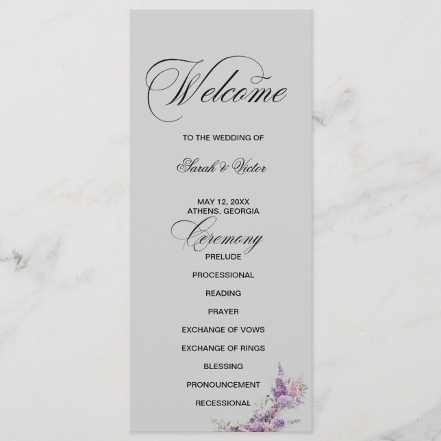 Lilac floral Elegant double side program card  (Front)