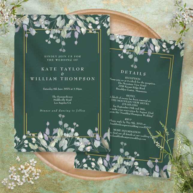 Lilac Floral Emerald All In One Wedding Details Invitation (Creator Uploaded)