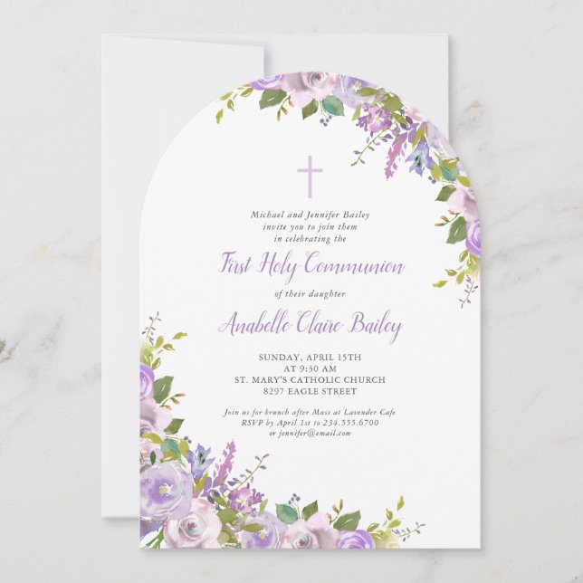 Lilac Floral First Communion Invitation (Front)