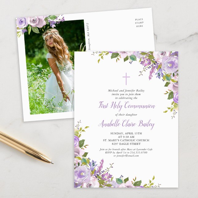 Lilac Floral First Communion Invitation Postcard (Creator Uploaded)