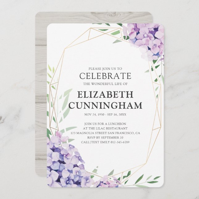 Lilac Floral Geometric Celebration Of Life Invitation (Front/Back)