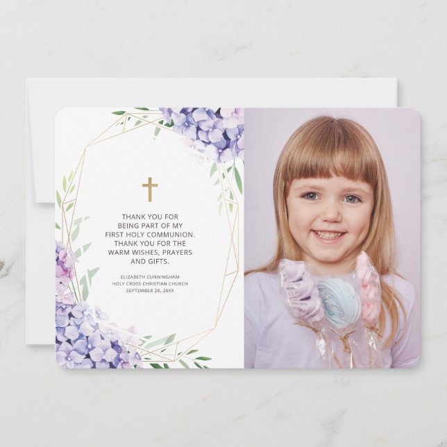 Lilac Floral Geometric Photo Communion Thank You (Front)