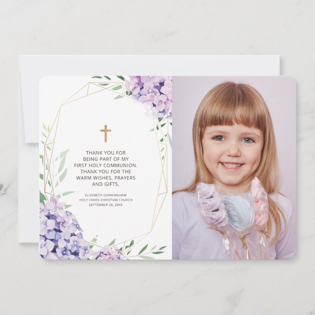 Lilac Floral Geometric Photo Communion Thank You (Front)