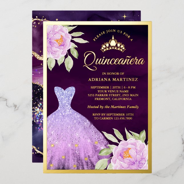 Lilac Floral Gown Purple Quinceanera Gold (Front/Back)