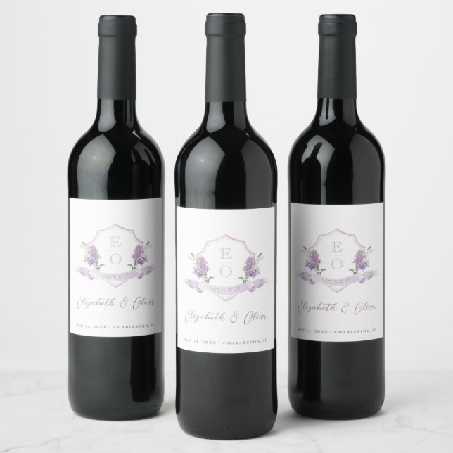 Lilac Floral Monogram Crest Wedding Wine Label (Bottles)