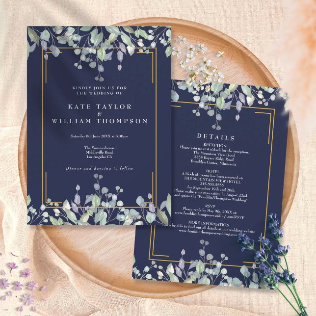 Lilac Floral Navy Blue All In One Wedding Details Invitation (Creator Uploaded)