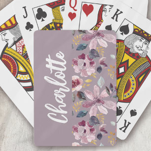 Lilac Floral Pattern Monogram  Playing Cards