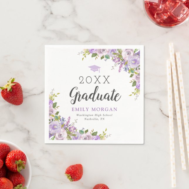 Lilac Floral Personalised Graduation Party Napkin (Insitu)