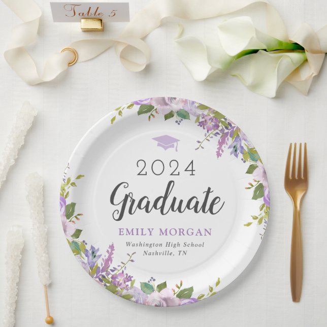 Lilac Floral Personalised Graduation Party Paper Plate (Wedding)