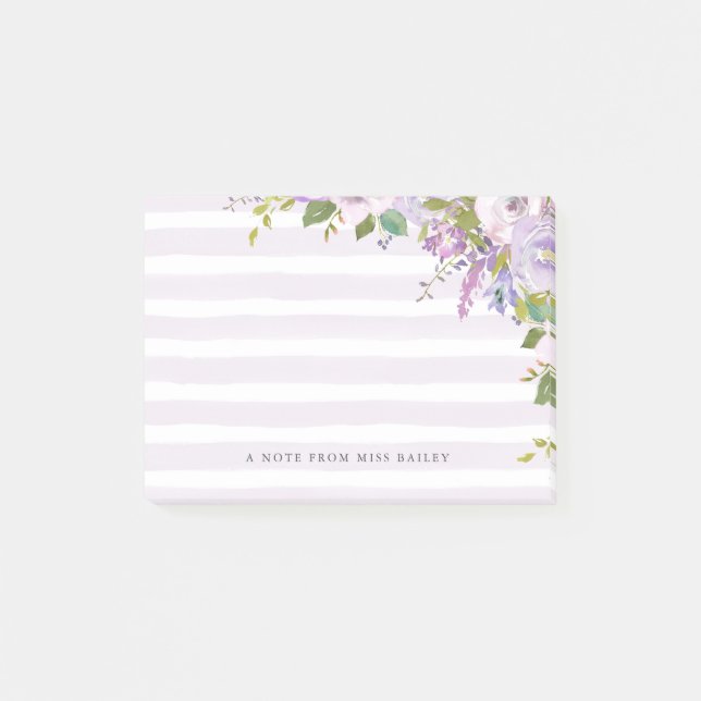 Lilac Floral Personalised Teacher Name Post-it Not Notes (Front)