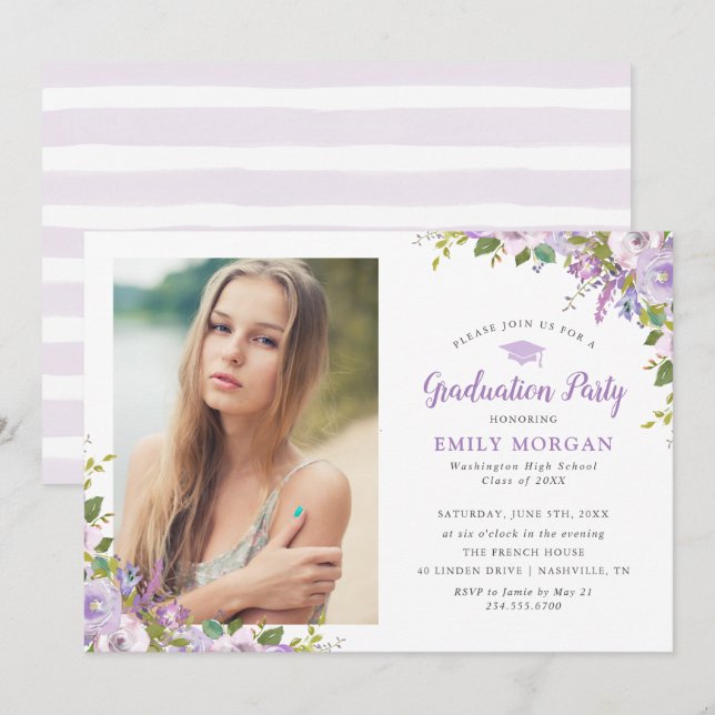 Lilac Floral Photo Graduation Party Invitation (Front/Back)