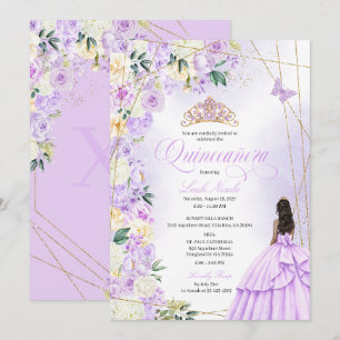 Lilac Floral Quinceañera and Gold Glitter Sweet 15 Invitation